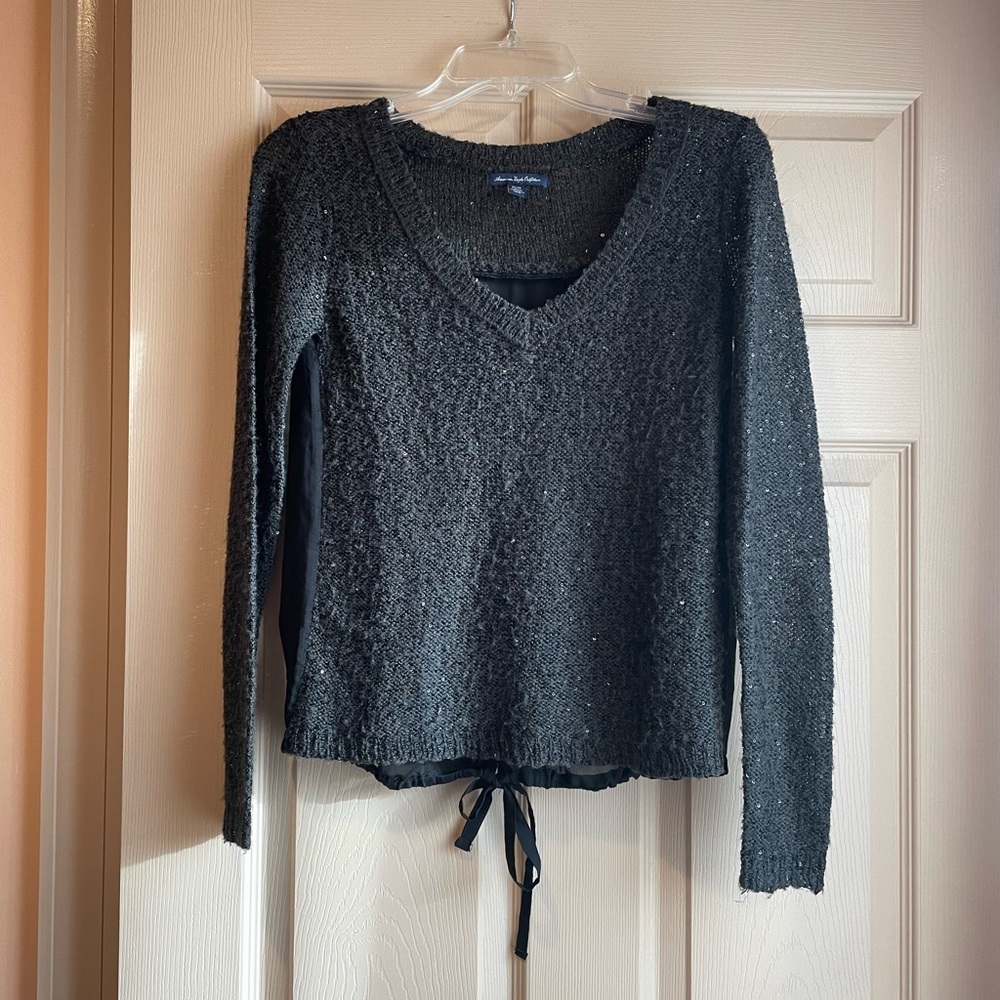 American Eagle Outfitters Black Sequin Sweater w/Sheer Fabric Tie-Back, Size XS